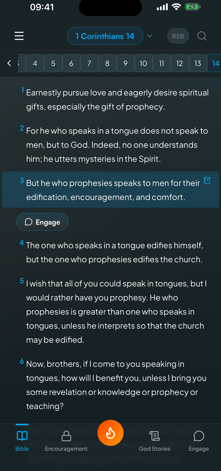 1 Corinthians 14 in the Doxa Bible, with your note marked on verse 3