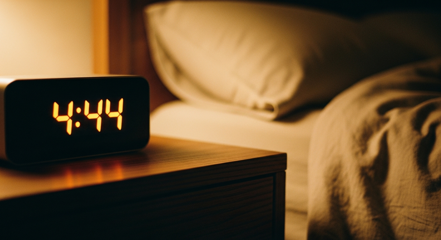 Digital clock showing 4:44 in amber light on a dark nightstand, a persistent sign of God's faithfulness and revival invitation through scripture