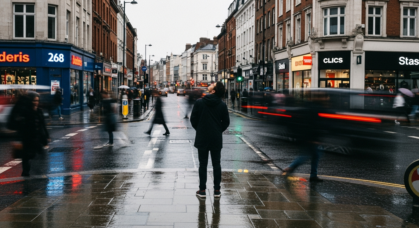 One person standing still on a busy rain-slicked city street as crowds blur past, hearing God's voice amidst the chaos of modern life