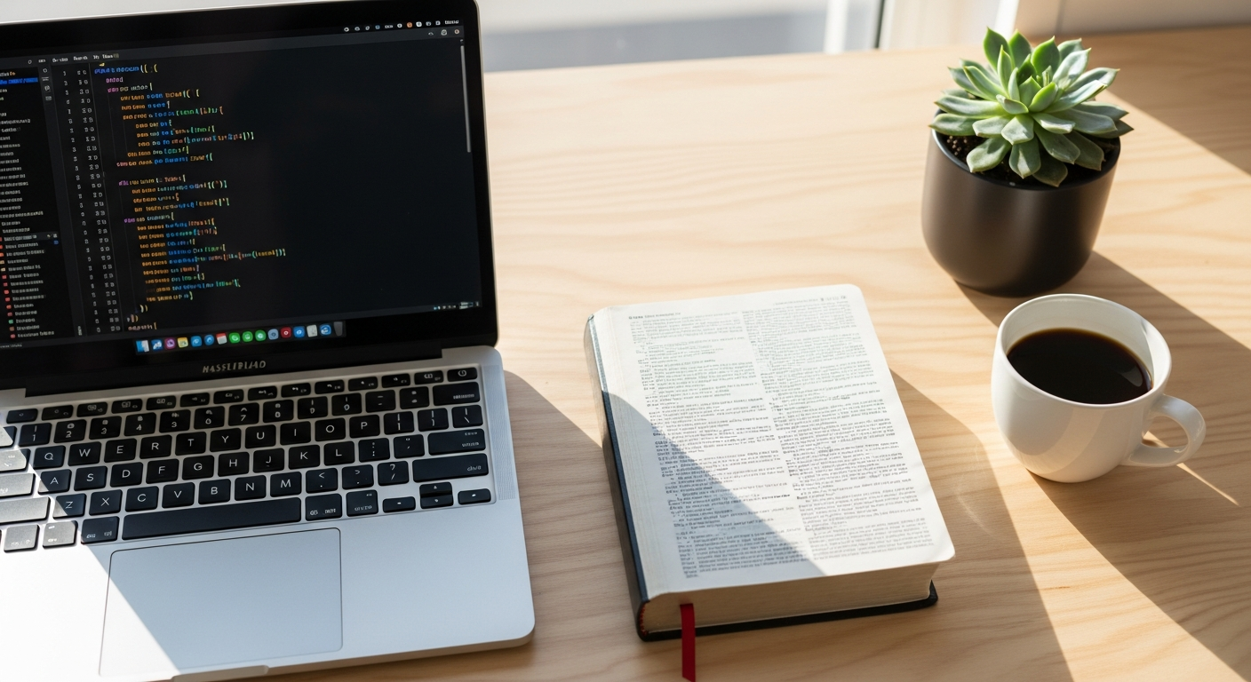 A laptop with a dark code editor open beside a closed Bible with a red ribbon bookmark on a clean birch desk in morning light, developer tools and Scripture sharing the same workspace