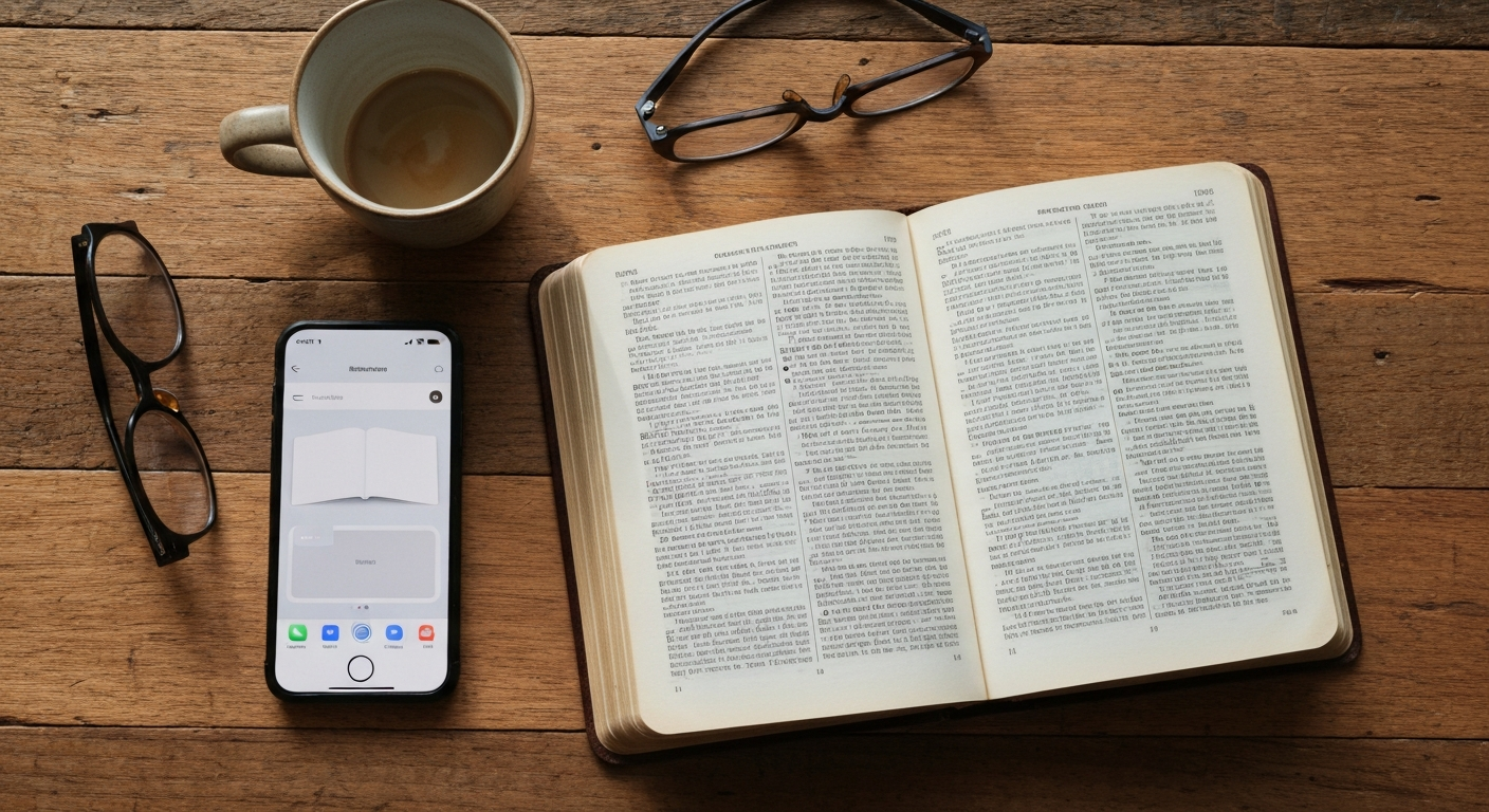 Leather Bible open beside an AI Bible app on iPhone, morning light on reclaimed wood desk with coffee and reading glasses