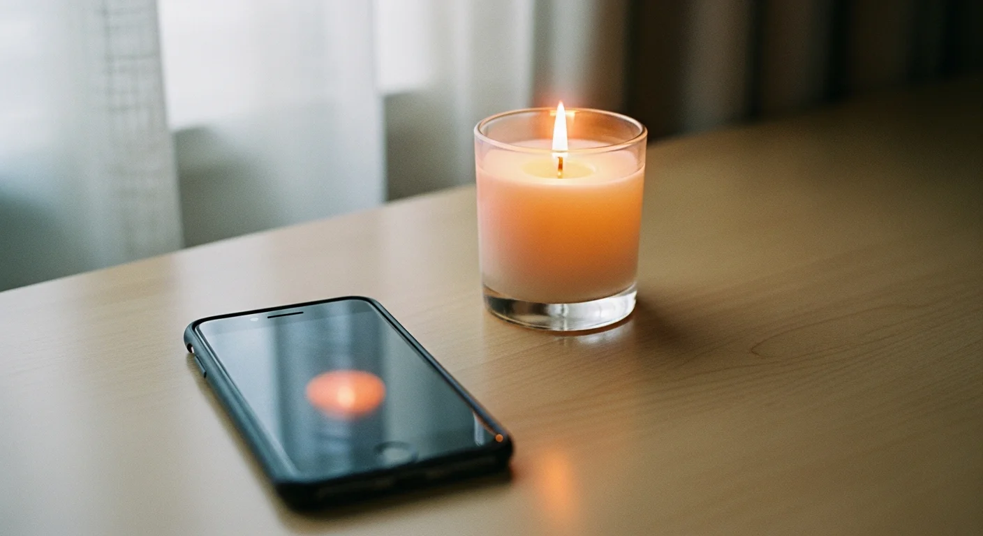 A real lit candle with a warm amber flame beside a dark smartphone screen showing a dim, hollow reflection of the flame, symbolising the tension between real spiritual fire and its digital imitation in AI Bible companion apps