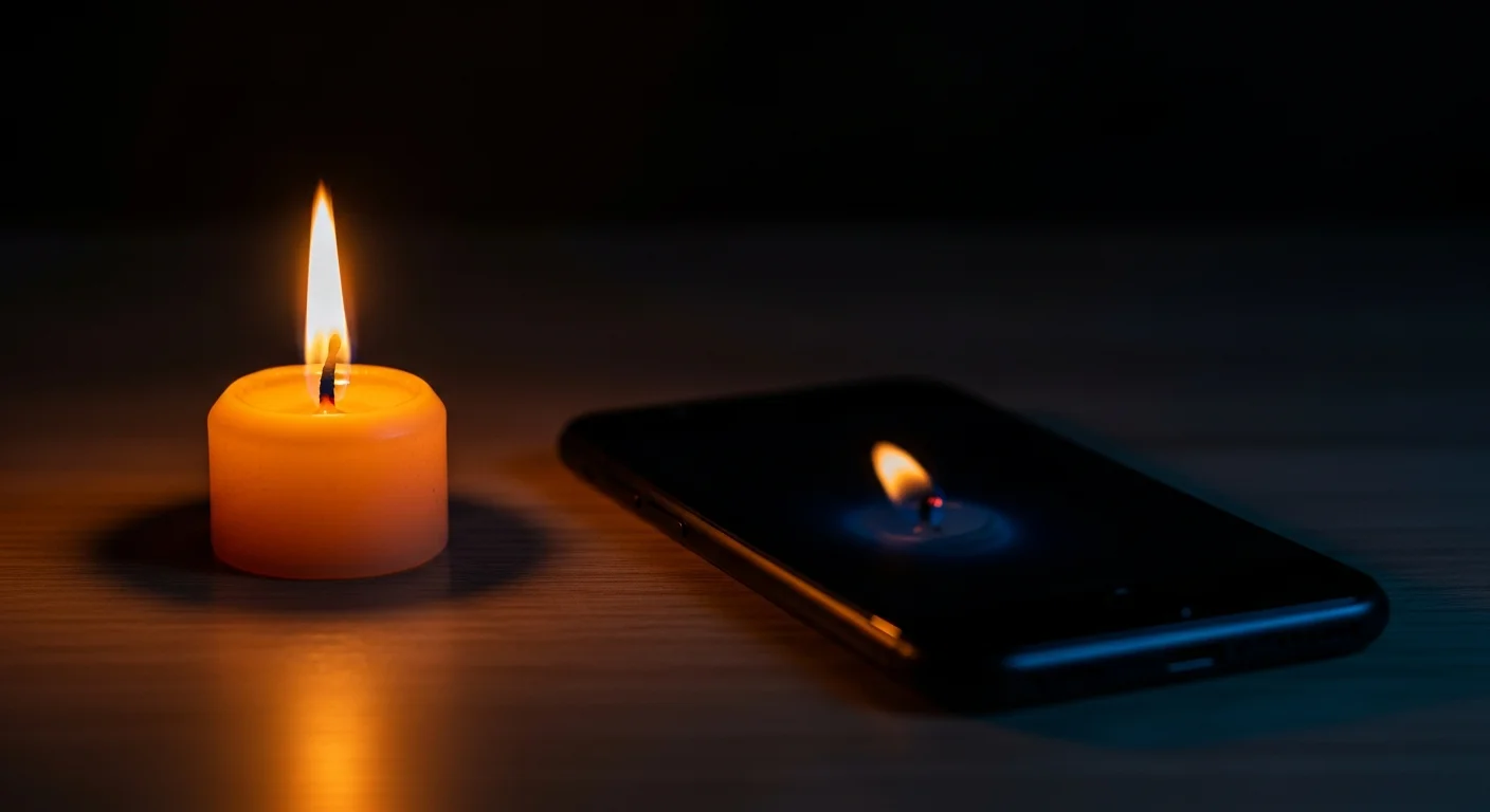 A real lit candle with a warm amber flame beside a dark smartphone screen showing a dim, hollow reflection of the flame, symbolising the tension between real spiritual fire and its digital imitation in AI Bible companion apps
