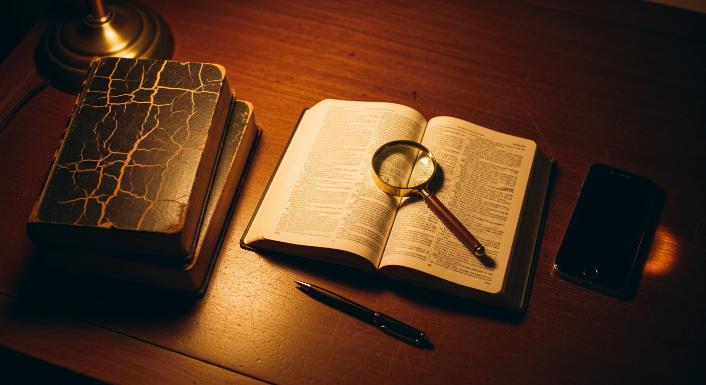 A worn leather Bible open on a wooden desk in warm lamplight, a phone resting beside it showing soft light, quiet study-room documentary photography