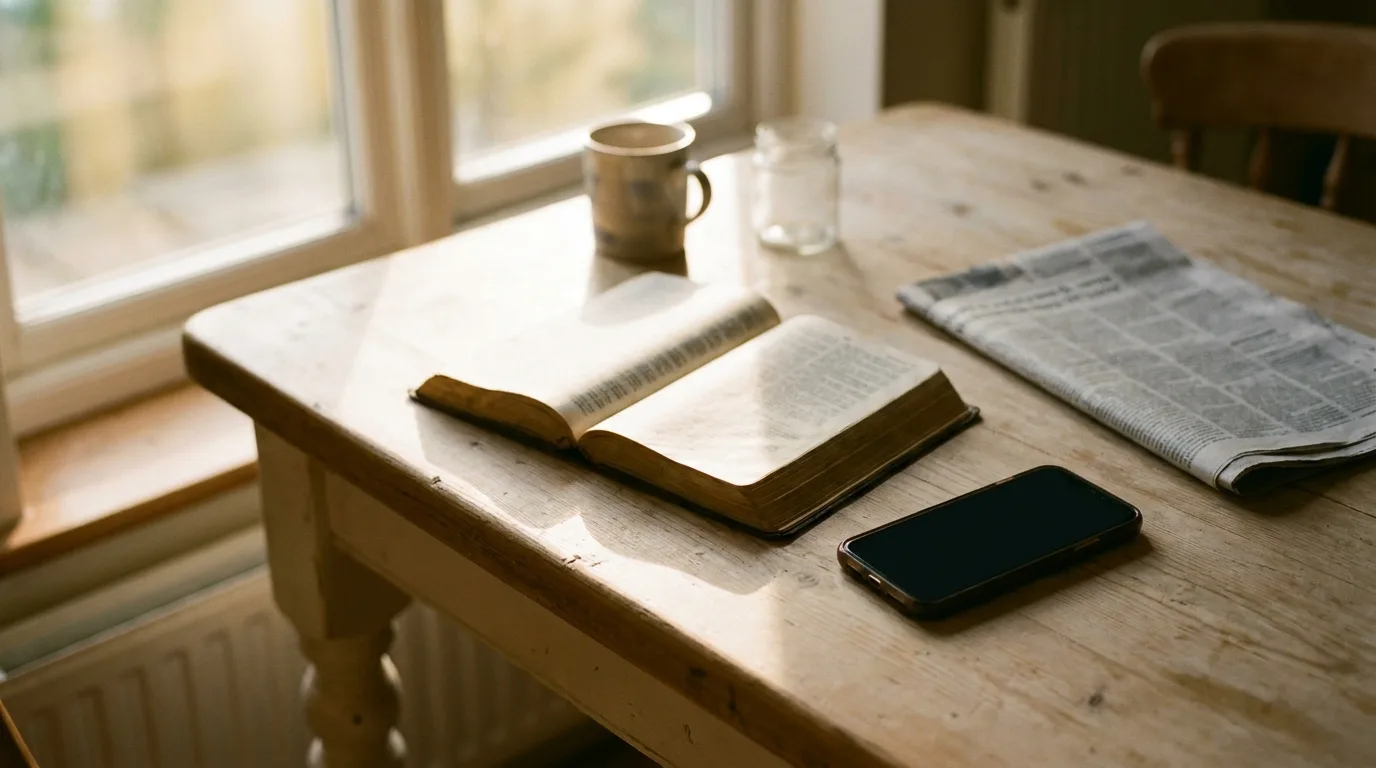 An open Bible in warm morning light on a plain wooden table with a smartphone with its screen dark beside it, a quiet scene of technology set in its place beneath Scripture