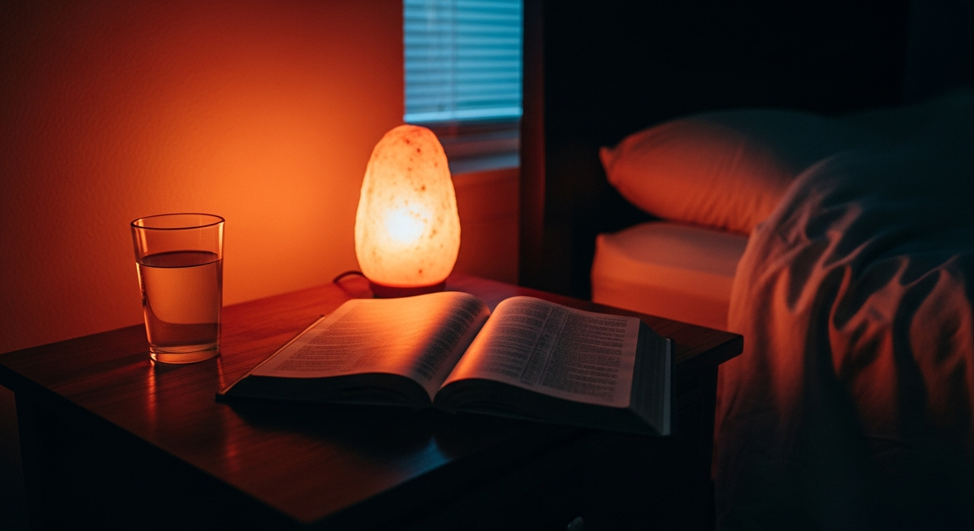 Bedside table at night with open Bible turned to Psalms and soft lamp glow, Scripture verses for anxiety about sleeplessness offering peace to believers