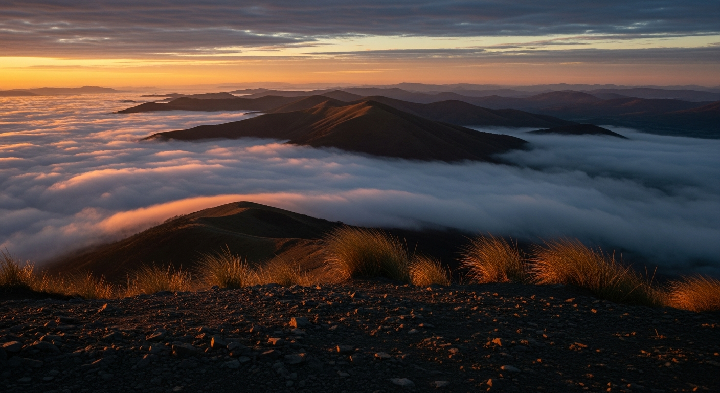 Dawn light breaking through cloud cover over distant hills seen from a high ridge, the glory of God rising over darkness as scripture promises