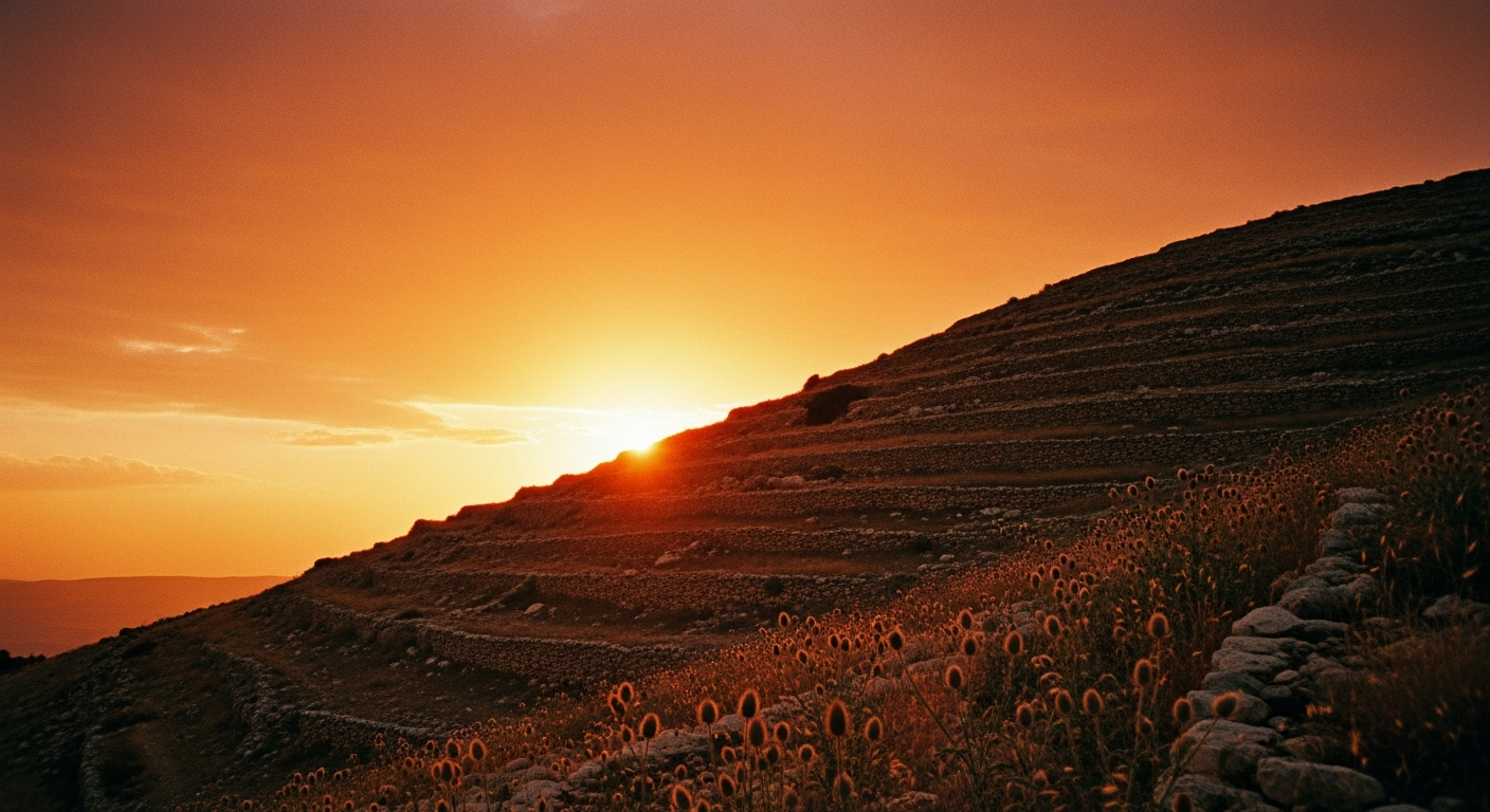 Rugged Judean hill country ridge against a burning sunset sky, Caleb's mountain of faith and God's faithfulness over a lifetime of testimony