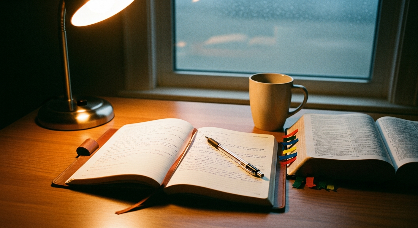 Open journal with handwritten scripture notes beside a Bible on a desk, faith practice of banking God's promises for encouragement ahead