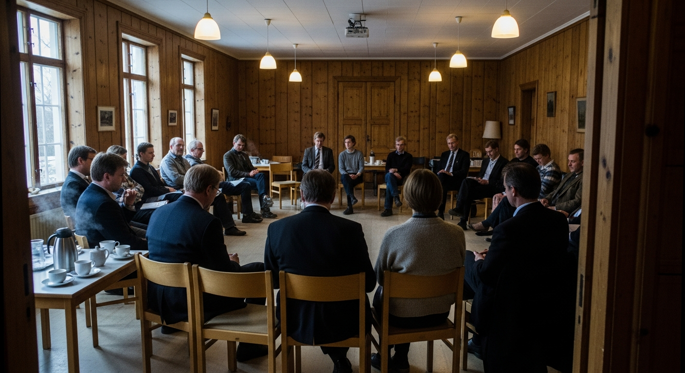 Warm-lit Scandinavian meeting hall with people gathered in a circle sharing faith convictions over coffee, capturing believers breaking through isolation together