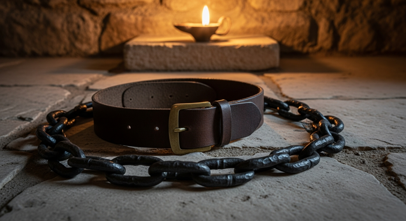 Leather belt and iron chains on stone floor lit by an oil lamp, the prophet Agabus warning Paul about faithfulness through prophetic words