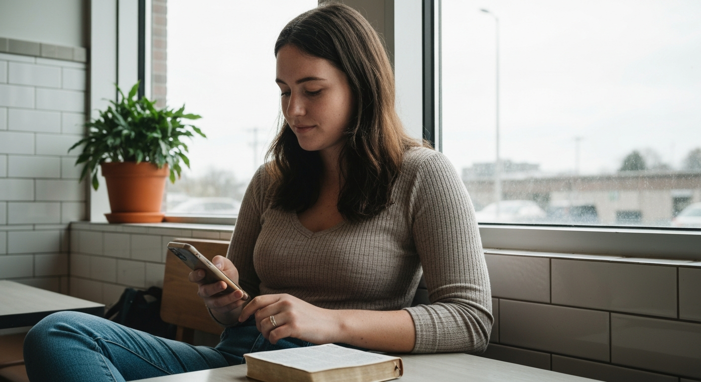 Young woman browsing AI Bible apps on her phone in a bright cafe booth beside a paperback Bible, comparing the best Bible study tools
