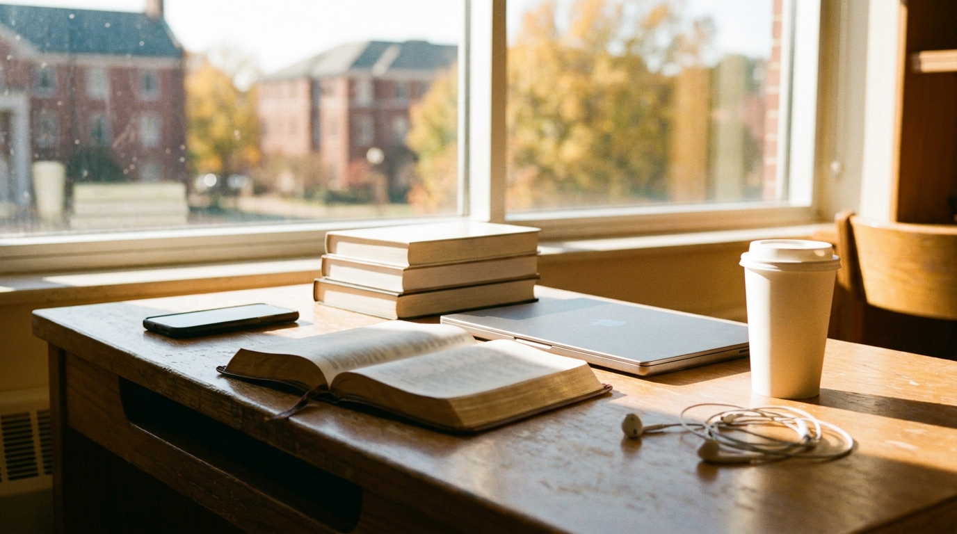 A dormitory desk by a sunny window over a leafy campus with an open Bible, a closed laptop, plain textbooks, a phone set aside and a coffee, faith sitting alongside study
