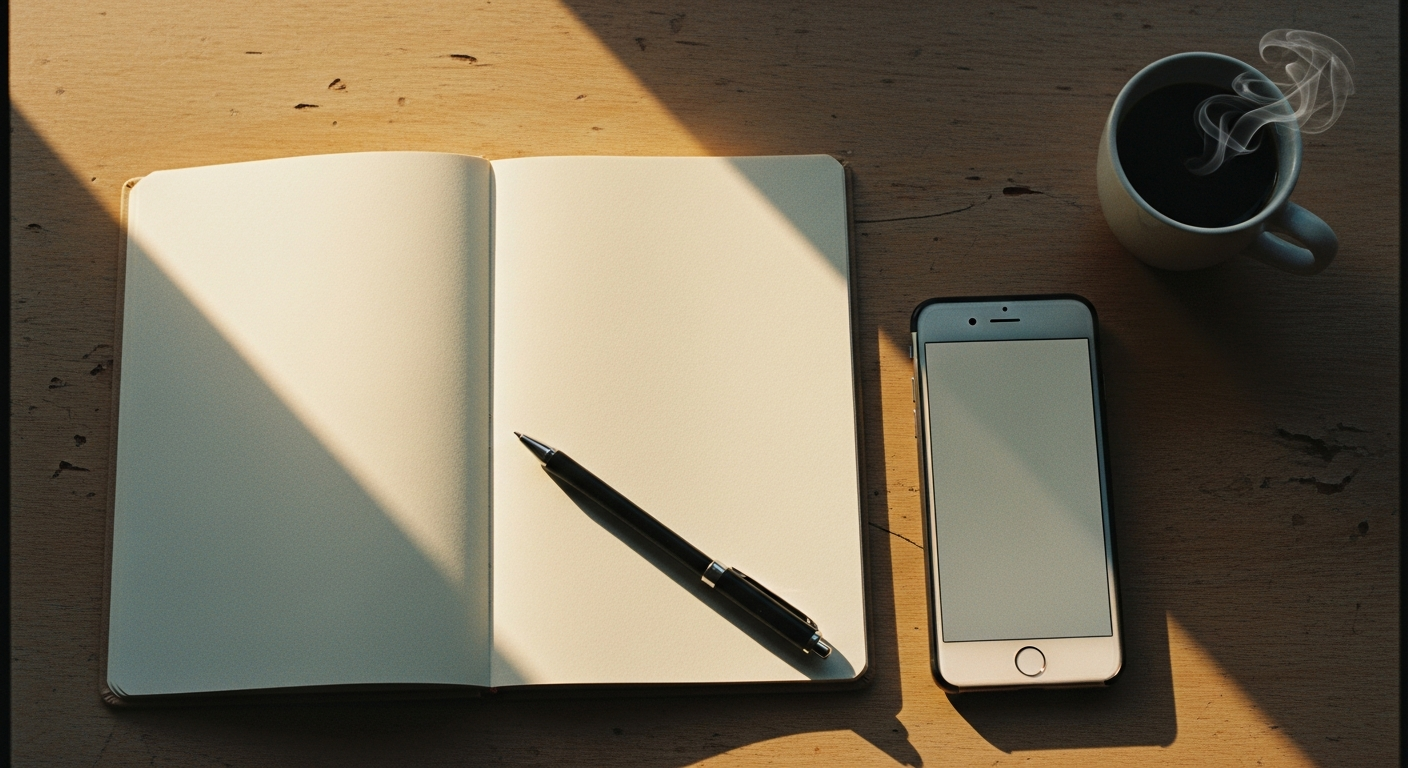Open blank cream notebook beside a smartphone with a featureless screen on a pale oak desk in warm afternoon light, the analog and digital tools side by side for recording prophetic words spoken over you