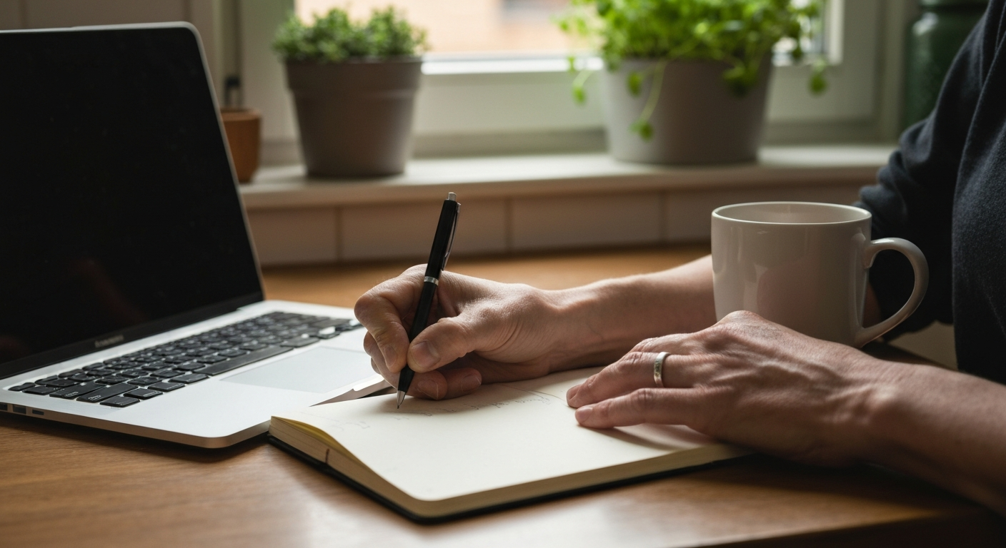 Person recording testimony notes in a journal at a kitchen table, warm afternoon window light on handwritten faith story pages