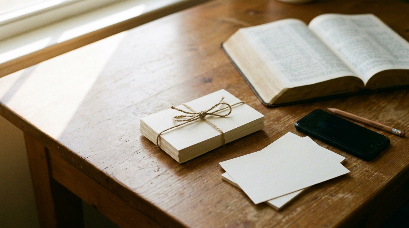A stack of blank index cards tied with twine beside an open Bible, a pencil and a smartphone set aside on a sunlit desk, the old and new ways of hiding God's word in your heart