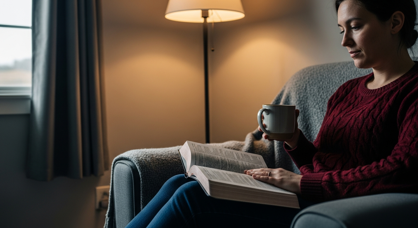 Person sitting in a quiet room reading twenty-five Bible verses for anxiety with honest historical context, finding peace in Scripture during overwhelming seasons