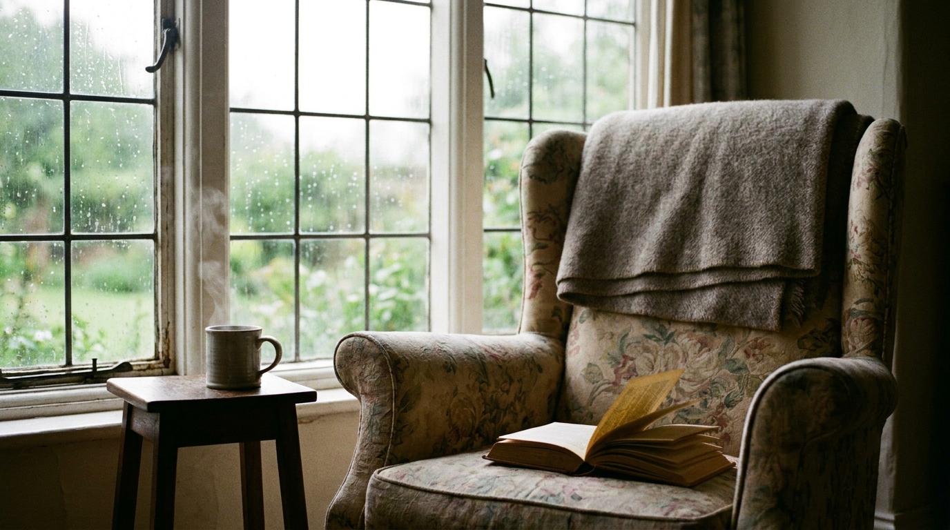 An open Bible resting on the seat of a worn floral armchair by a bright rain-beaded window, a blanket over the chair back and a mug of tea on a side table beside it, a quiet place to find peace in Scripture when worry presses in