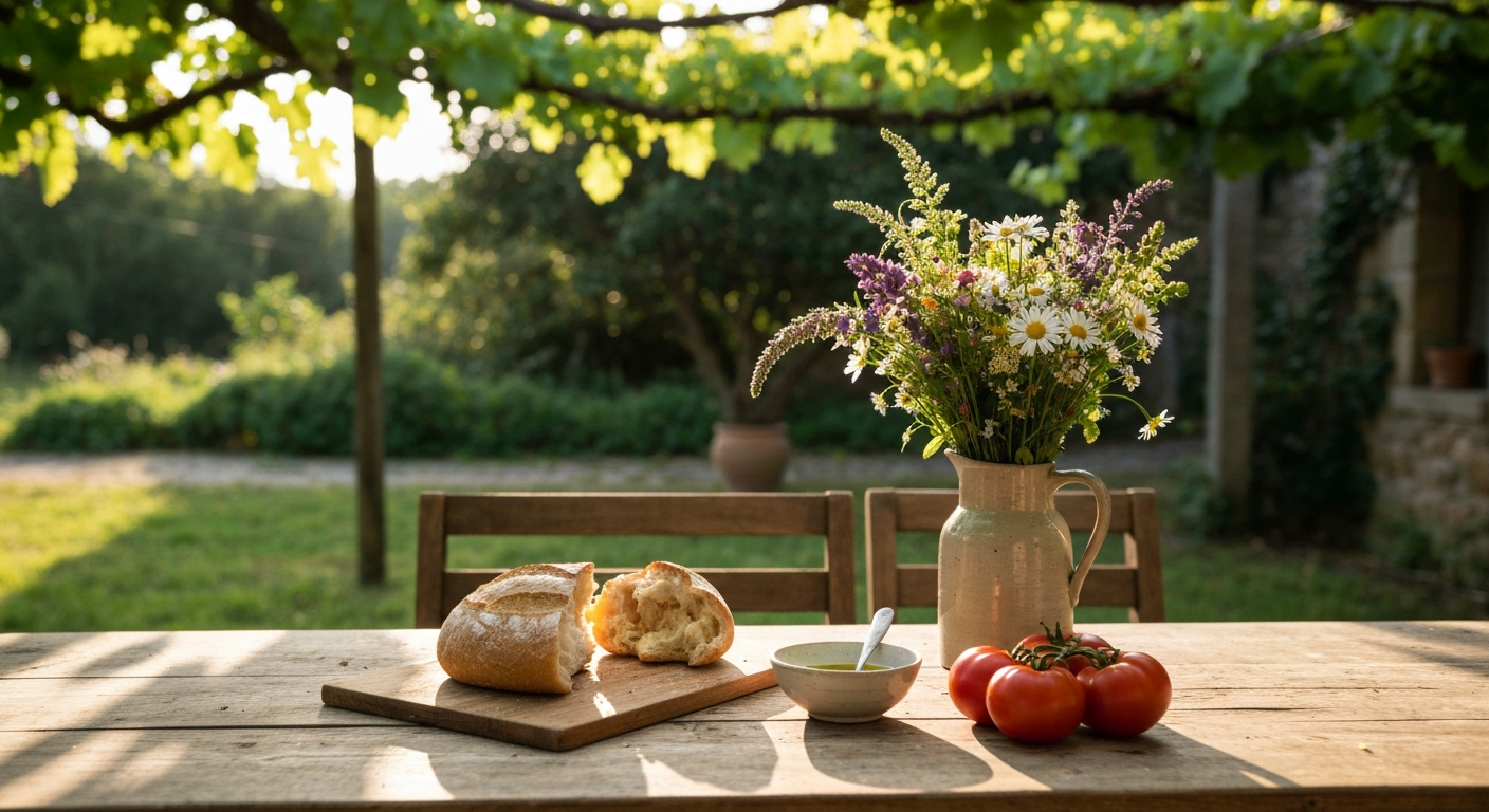 Rustic garden table set with torn bread, olive oil, and wildflowers under dappled Mediterranean sunlight, gratitude in simple abundance