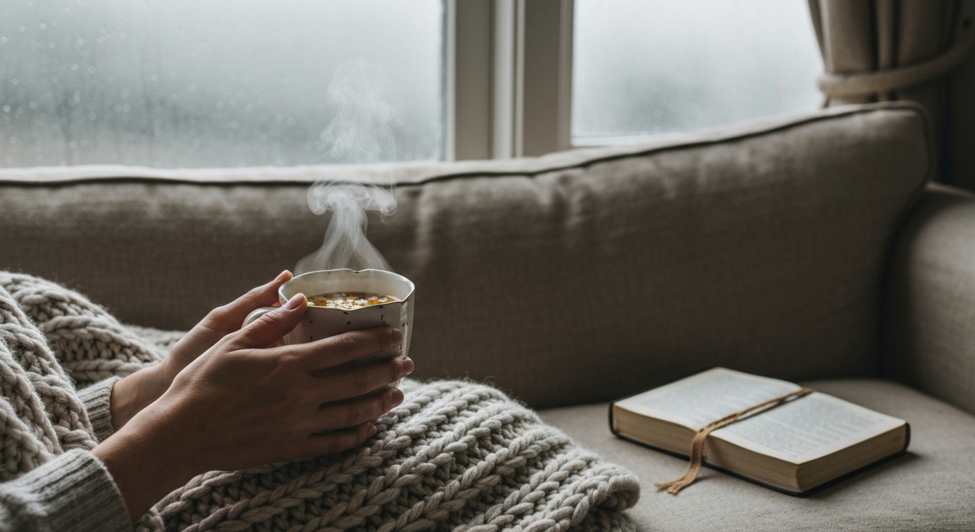 Hands cradling chamomile tea beside a rain-streaked window with a bookmarked Bible, finding healing scriptures in a quiet moment of rest