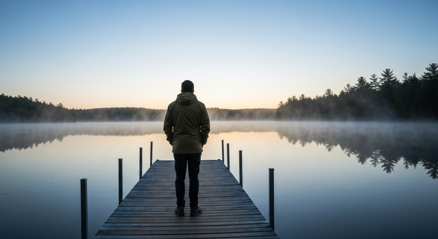 Person standing at the end of a misty wooden pier at sunrise, calm lake reflecting pale morning light, hope in the stillness