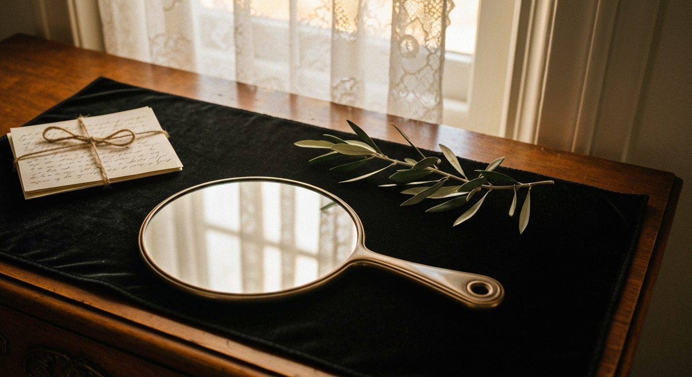 Antique bronze mirror reflecting golden light on dark velvet beside an olive branch, identity in Christ through Scripture