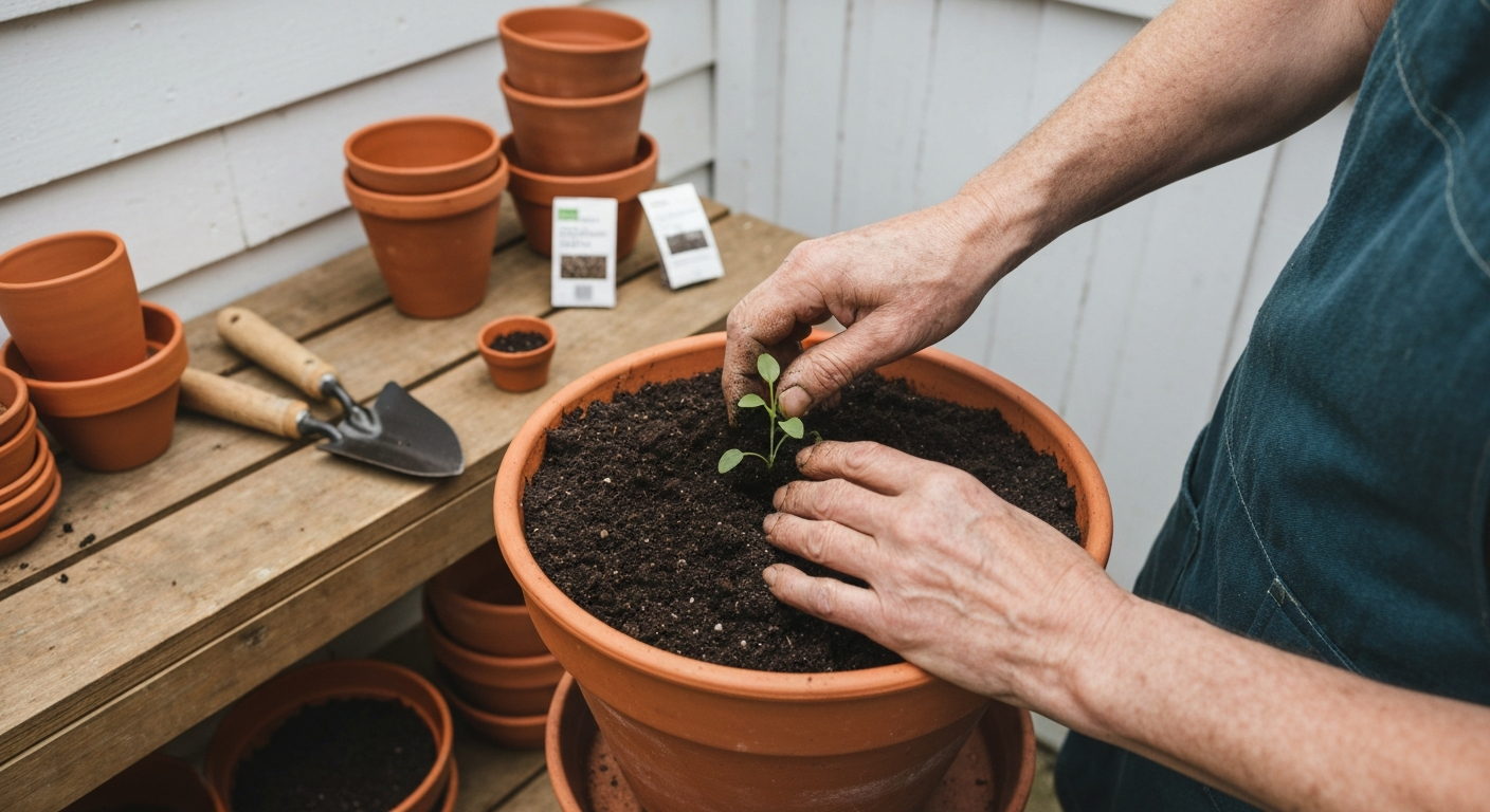 Weathered hands planting a seedling in terracotta pot on a potting bench, bright overcast light, patience in the growing season