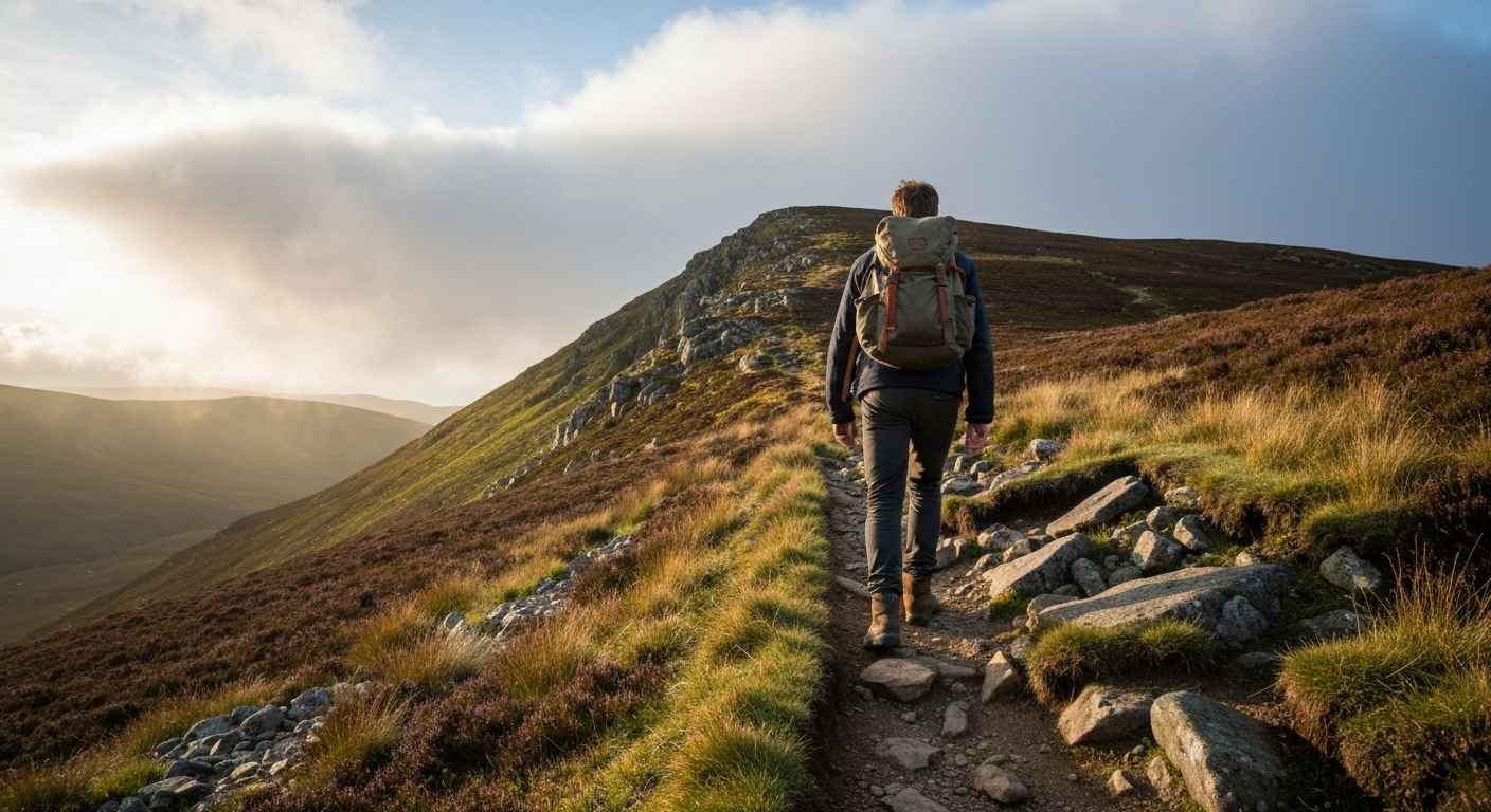 Hiker climbing a rocky Highland trail in early morning light, Bible verses for strength carried through challenging terrain with God as the source