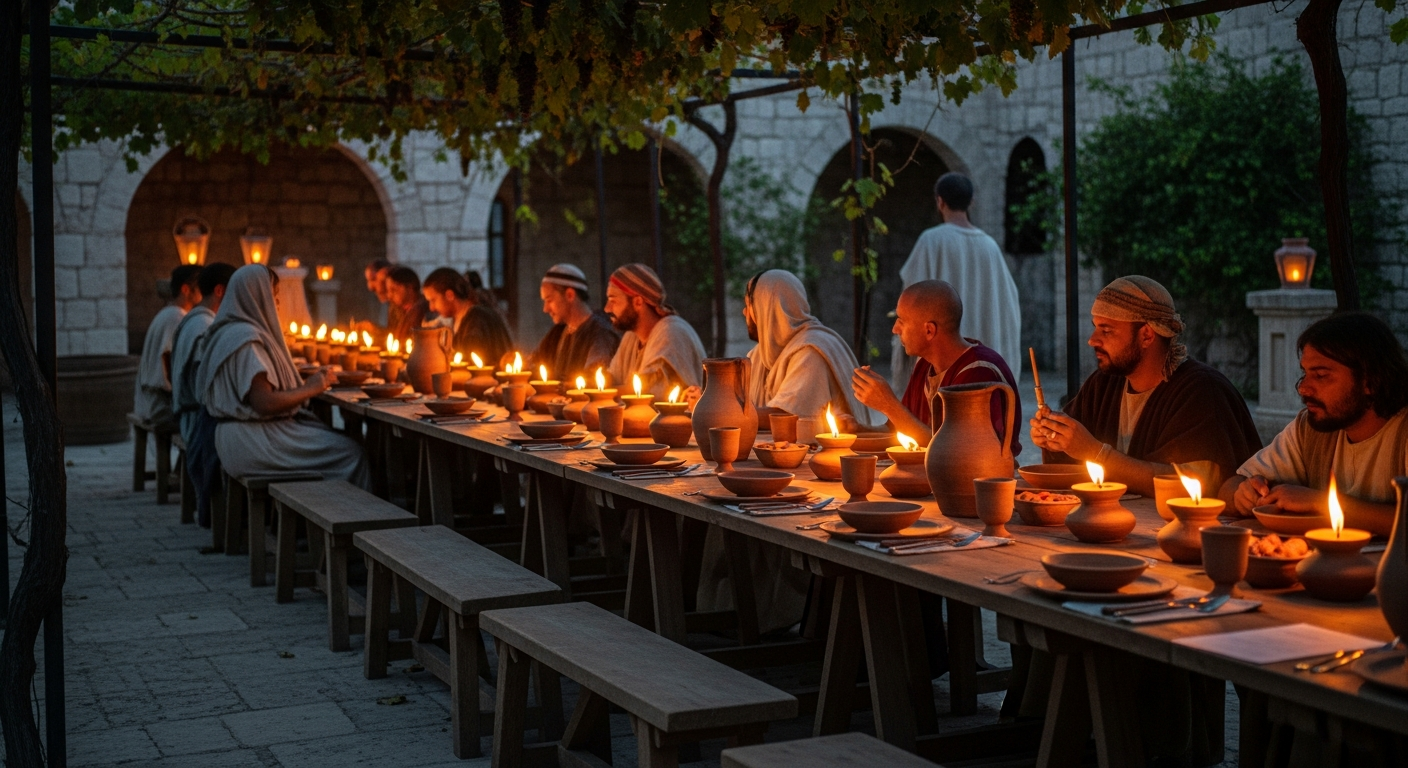 Long outdoor table set with oil lamps and clay bowls at dusk in a Roman courtyard, showing God expanding the family table across cultures and nations