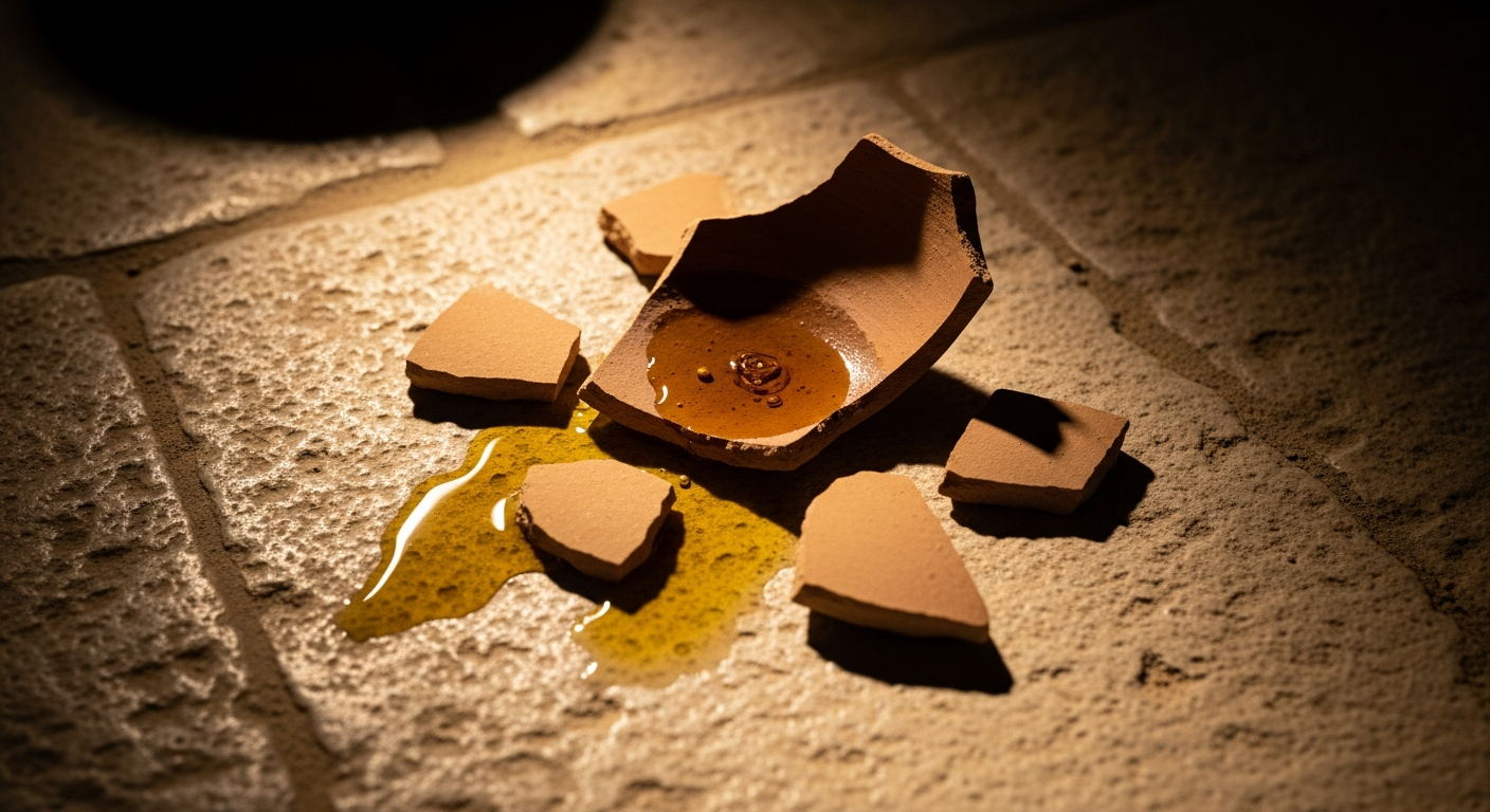 Shattered clay pot with oil spilling across a 1st century limestone floor, breaking the need for image control and finding freedom in God's truth