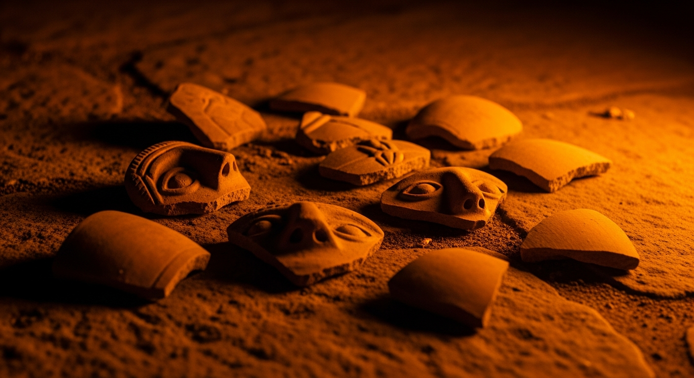 Broken idol pottery shards on an ancient stone floor lit by firelight, Gideon breaking the family idol and choosing truth over comfort in faith