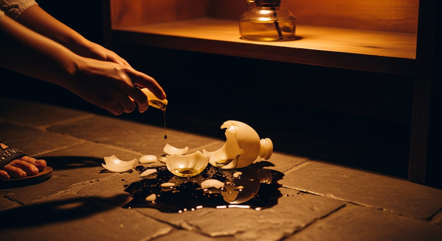 Shattered alabaster perfume jar with oil pooling on stone floor by lamplight, Mary of Bethany pouring out worship at the cost of reputation