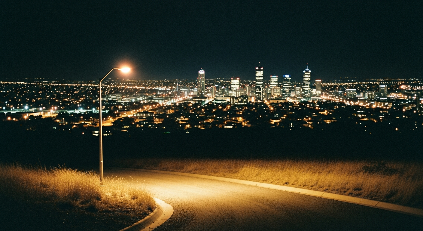 Distant city skyline at night seen from a dark hilltop with a single streetlight, faith story of building from nothing through obedience to God