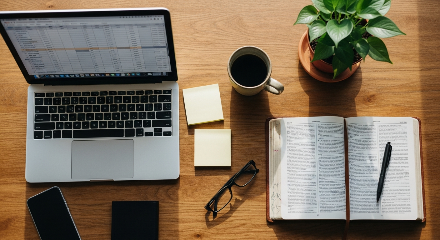 A modern workspace with an open Bible beside a laptop spreadsheet and coffee, capturing business as worship and faithful stewardship in everyday work