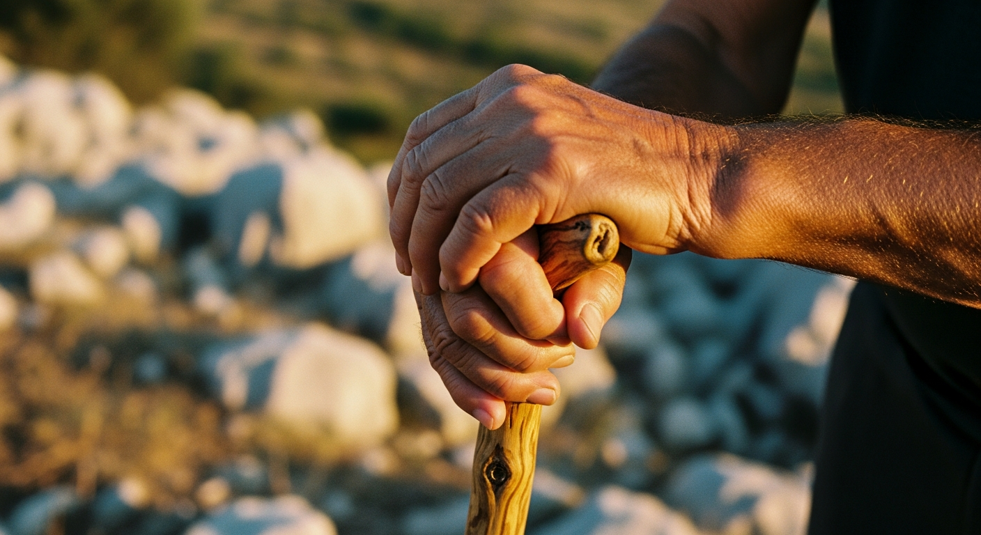 Weathered elderly hands gripping an olive-wood staff on a rocky trail at golden hour, enduring faith and the strength God gives those who wait