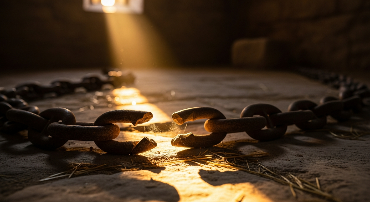 Cracked iron chain link on a Roman prison stone floor lit by a narrow window shaft, showing how prophetic promise transforms suffering for believers in God