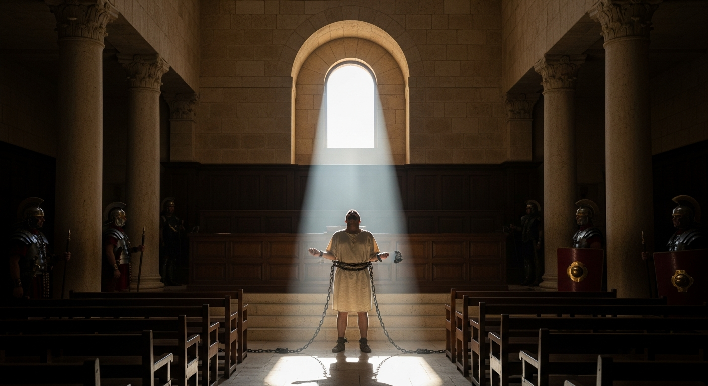 Paul standing in chains before a Roman courtroom as sunlight breaks through, faith and perseverance testifying boldly about God