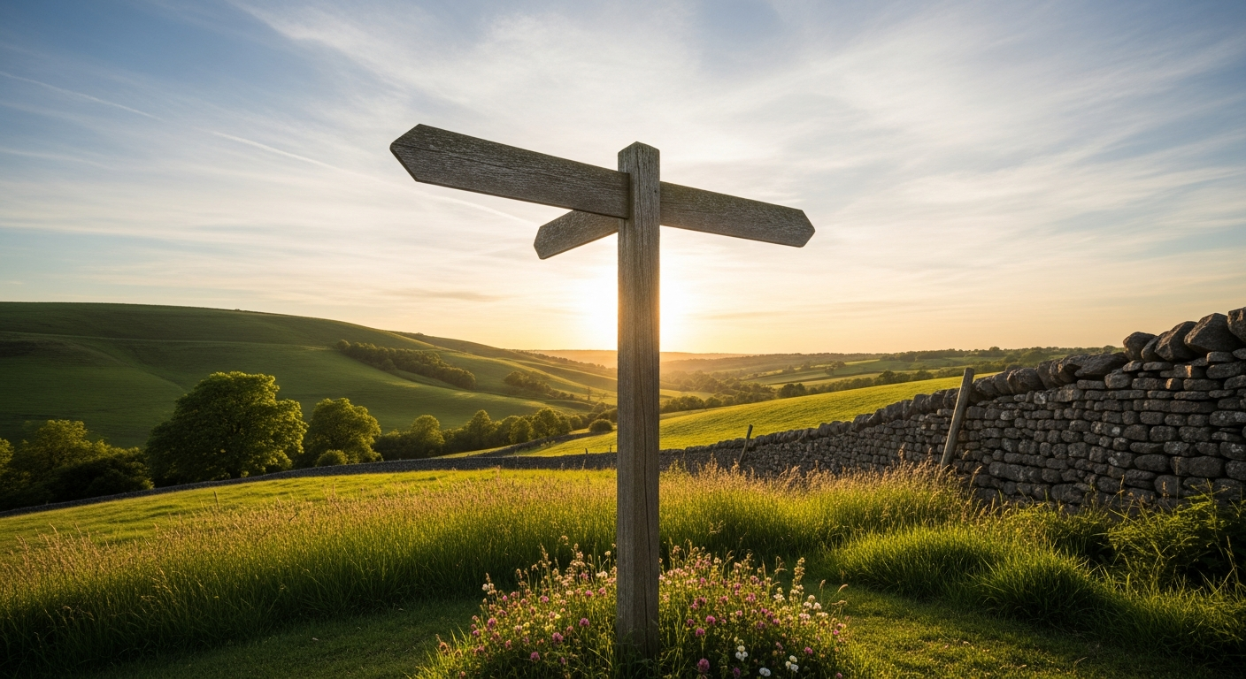 A weathered wooden signpost with three blank directional arms at a quiet English countryside crossroads in golden evening light, evoking the moment of choosing a direction