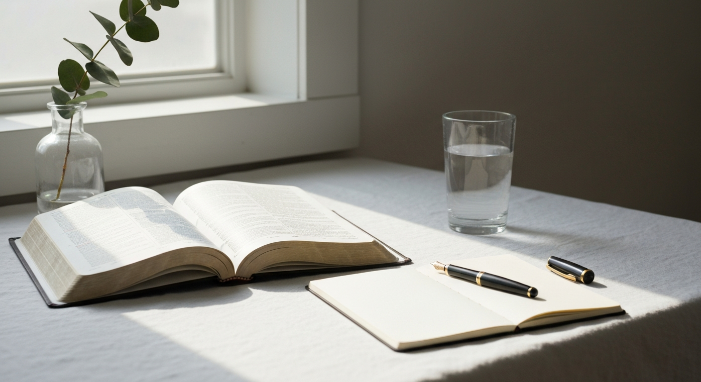 Open Bible beside a blank journal and fountain pen in bright morning light on white linen, Christian affirmations grounded in Scripture