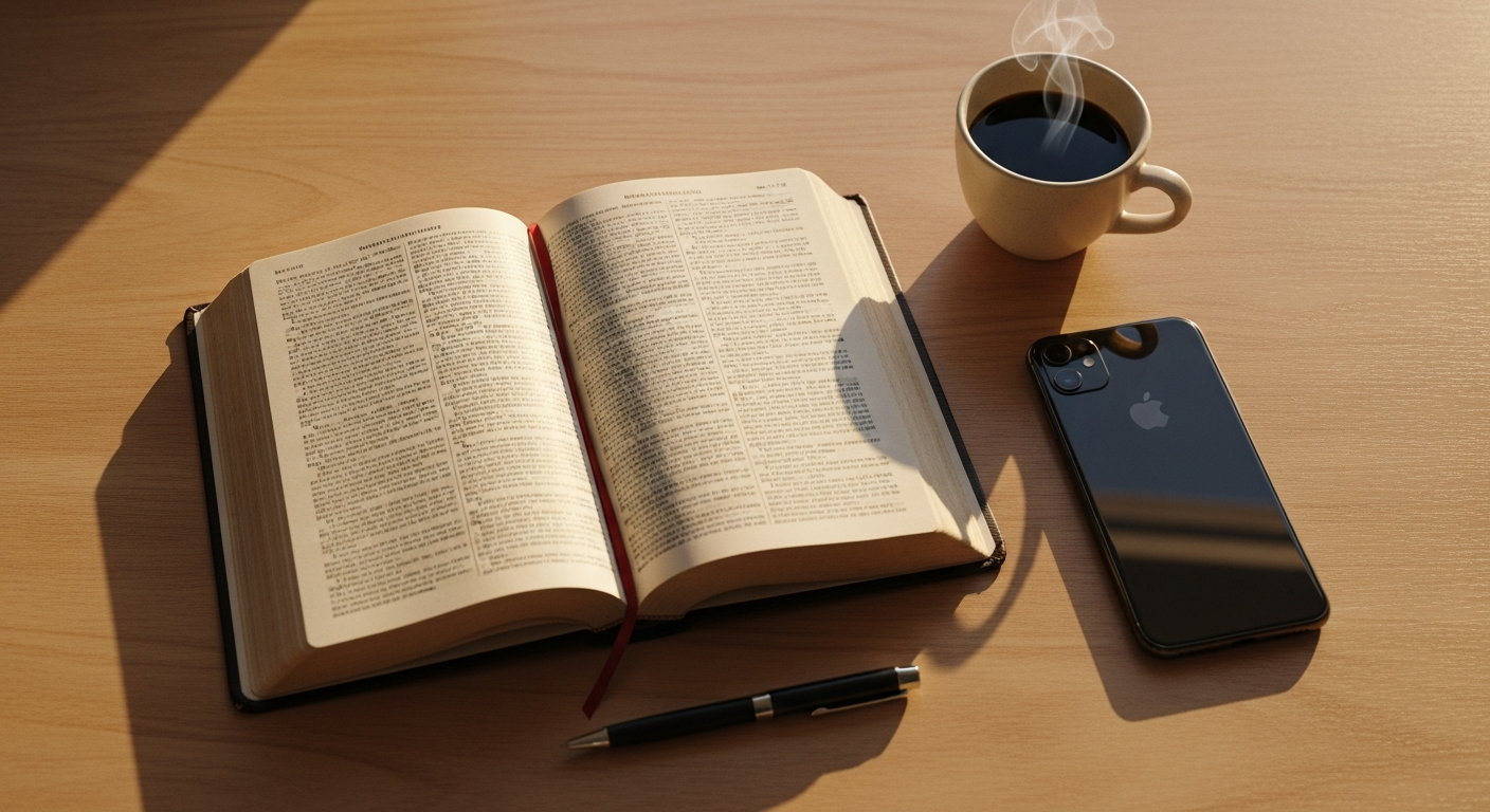 An open paper Bible on a worn wooden desk in warm afternoon light beside a face-down smartphone, the analog Scripture in sharp focus and the silent digital tool soft behind it