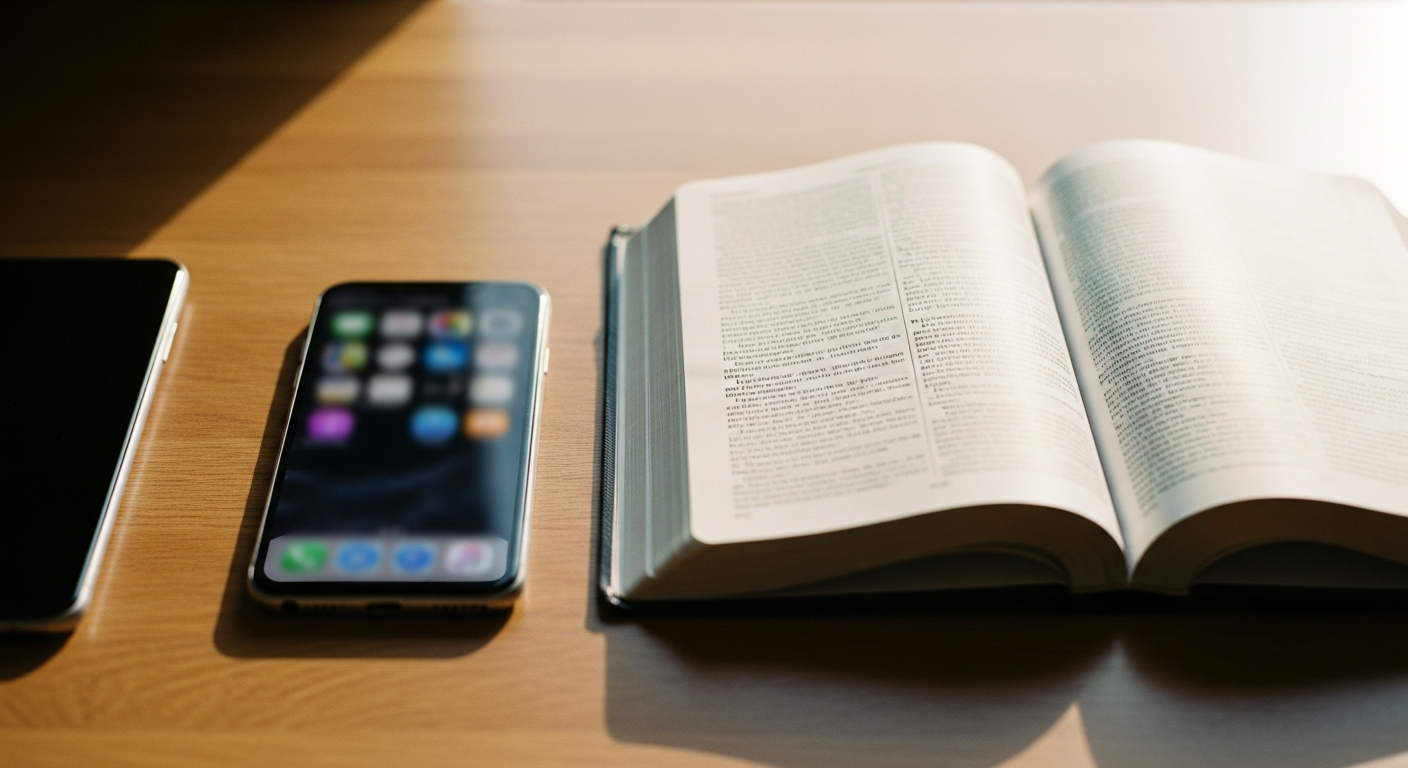 Believer comparing Doxa, Hallow, and YouVersion Christian apps on a smartphone with an open Bible, choosing the best faith app for spiritual growth