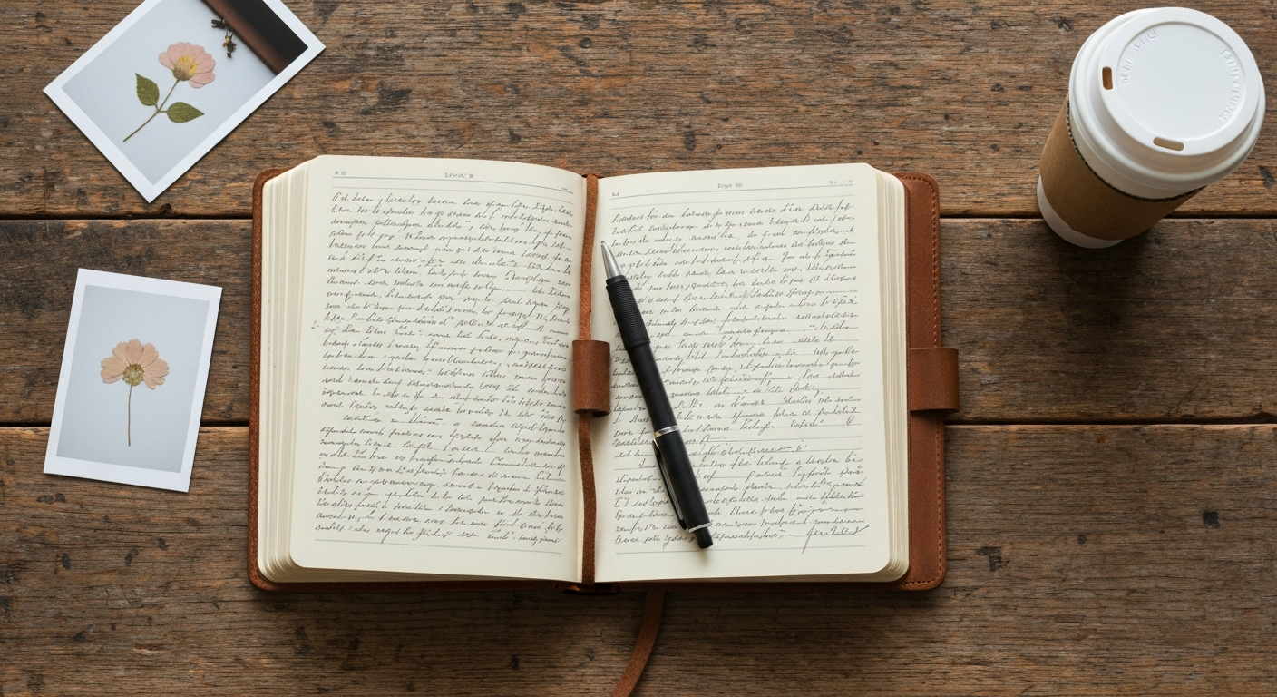 Well-used Christian testimony journal open to handwritten pages on weathered oak desk with a photograph and pressed flower