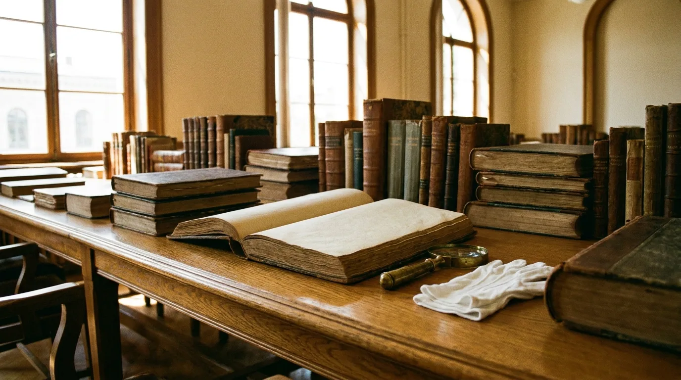 A long wooden archive table in warm afternoon light stacked with rows of aged handwritten journals and ledgers, their pages softly blurred, a magnifying glass and cotton archive gloves resting beside an open volume
