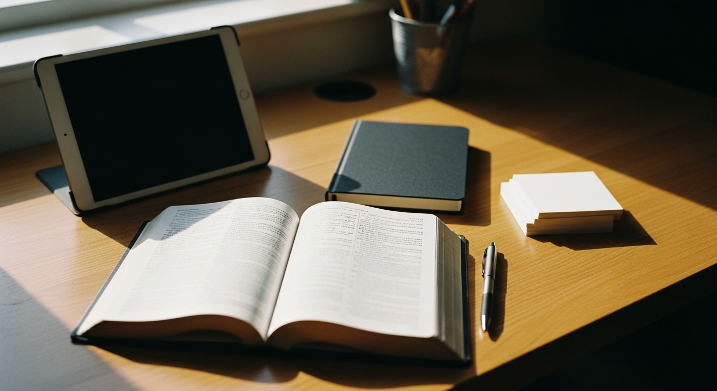 A tidy church office desk with a face-down tablet, an open Bible, a notebook and plain index cards in warm window light, a quiet scene of a church weighing what tool it trusts with recording prophetic words