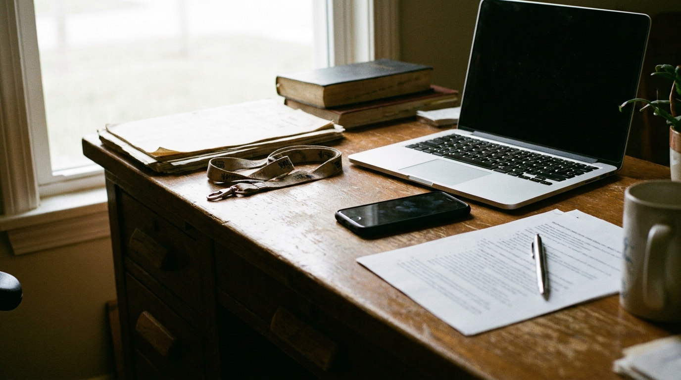 A church office desk with a phone, a laptop, a printed policy document and a lanyard in soft window light