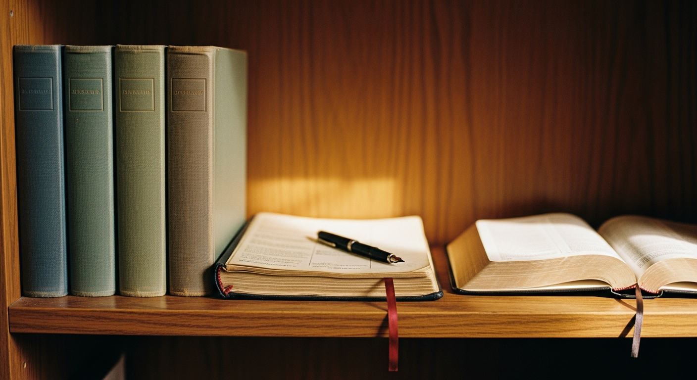 A wooden shelf in a church office holding a row of plain bound ledgers and a single open notebook beside an open Bible, warm side light from a window, candid documentary still life