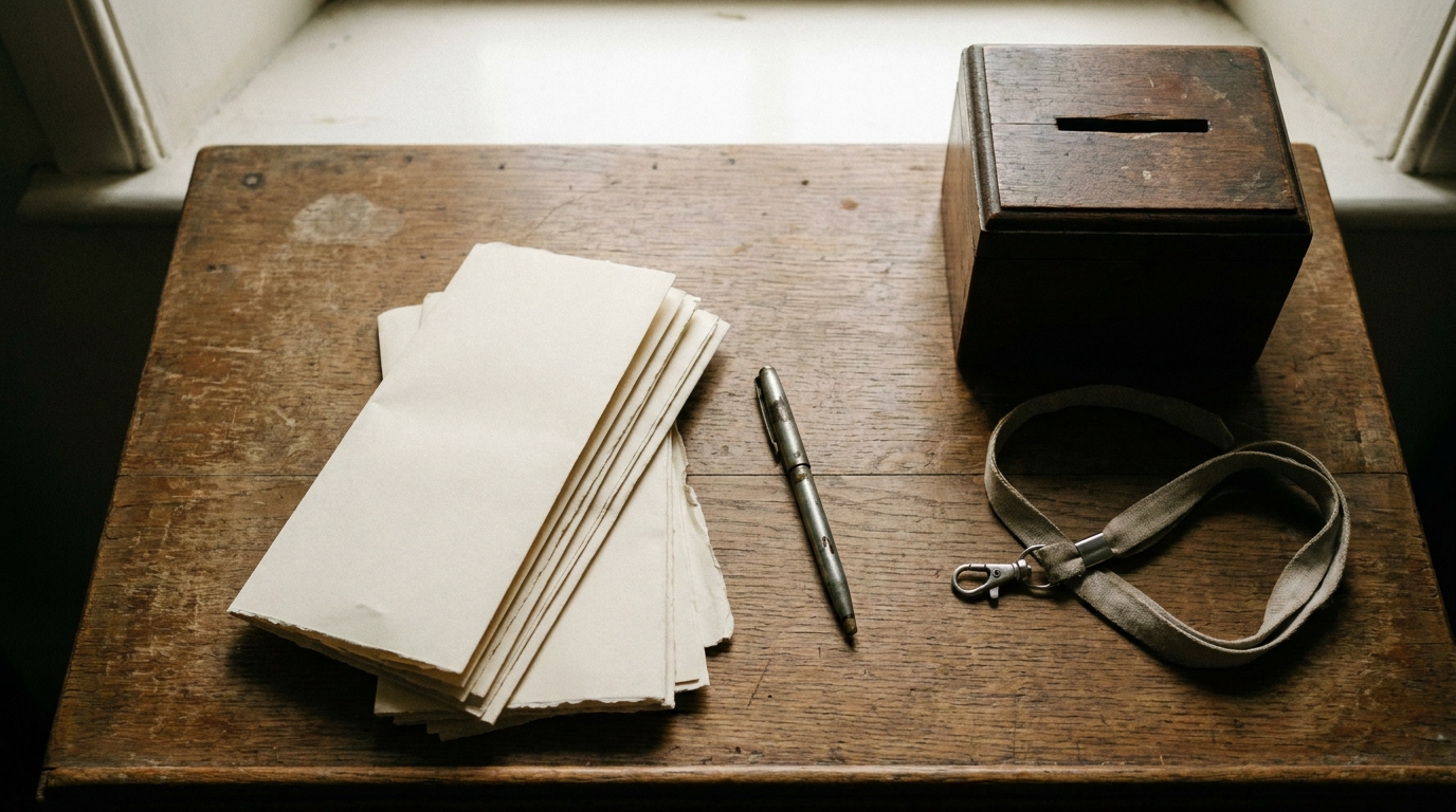 A church welcome desk with printed testimony submission forms, a pen and a wooden collection box in soft window light