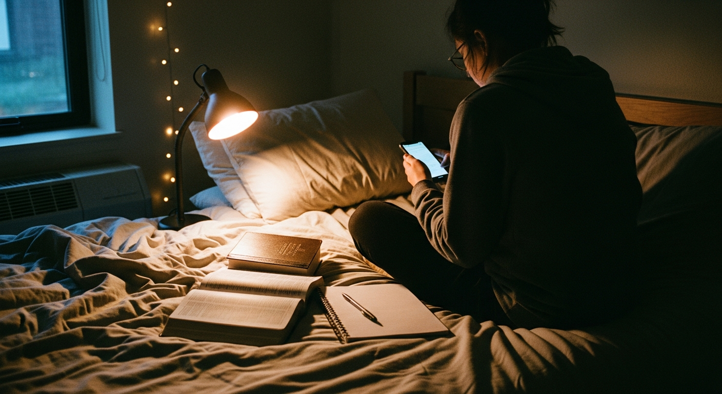 College student building a personal spiritual toolkit on their phone, selecting faith apps for Bible reading, encouragement, prayer, and community