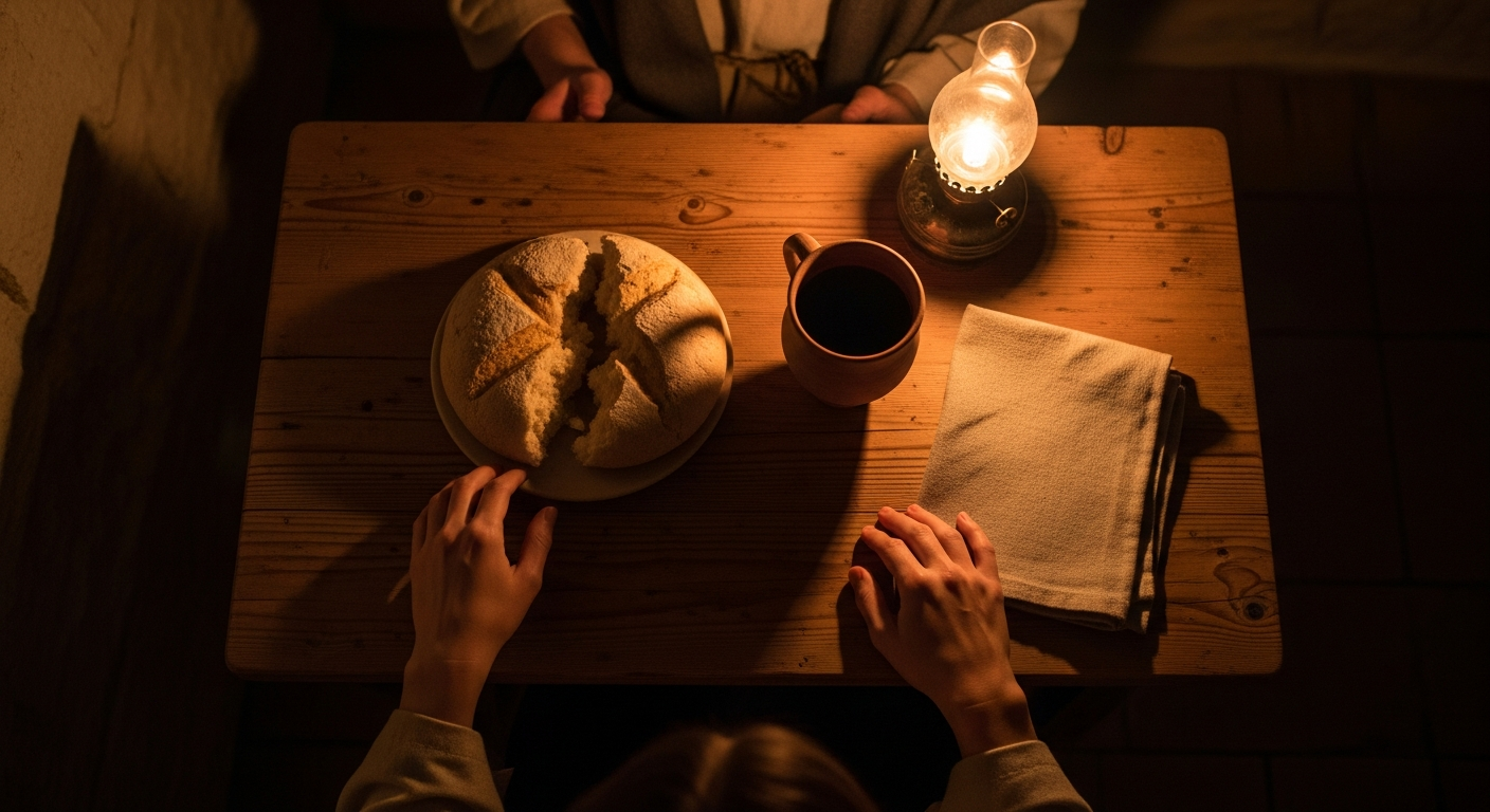 Bread and wine on a wooden table in an upper room lit by oil lamp, communion as a faith practice of remembering God's mercy