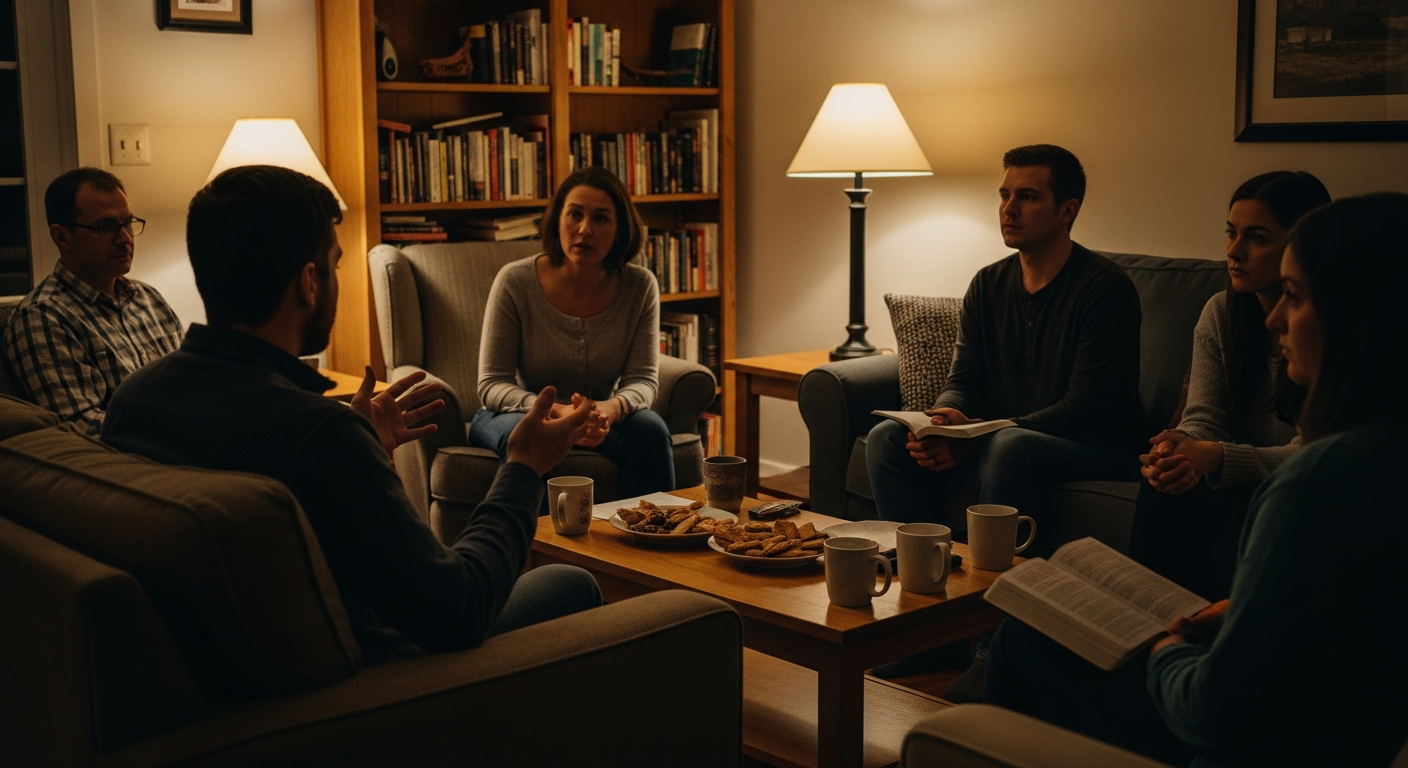 Small group of believers gathered in a living room sharing faith testimonies and practising the spiritual discipline of remembering God's faithfulness together